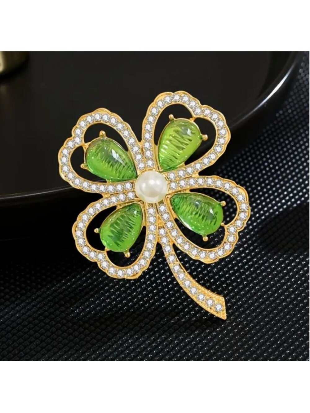 Four Leaf Clover Brooch Green Acrylic & Gold Tone